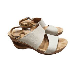 Dansko Beige Leather Strappy Wooden Wedge‎ Sandals Platform Womens Size 39